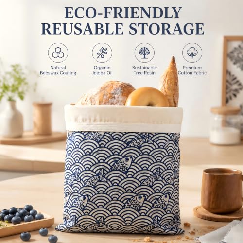 Beeswax Bread Bags for Sourdough, Japanese Indigo Bread Bags | 2 Pack, Reusable Natural Cotton Beeswax Storage, Large 17x12.6 inch, Detachable Buckle and Gift Box for Homemade Baguettes