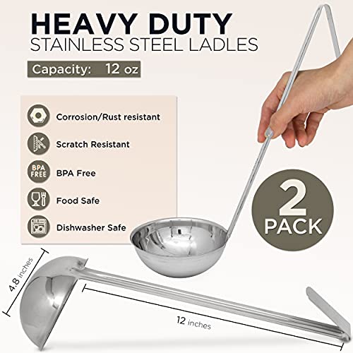 Fit Meal Prep Stainless Steel Soup Ladle - One-Piece Sauce Spatula with Hook Handles, Commercial Grade Serving Spoon, Kitchen Tool for Restaurant or Home Cooking, 14.75” Long - [Pack of 2] 12 Oz - size: 12 oz