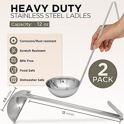 Fit Meal Prep Stainless Steel Soup Ladle - One-Piece Sauce Spatula with Hook Handles, Commercial Grade Serving Spoon, Kitchen Tool for Restaurant or Home Cooking, 14.75” Long - [Pack of 2] 12 Oz - size: 12 oz