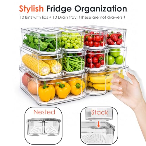 SMRCAD 10 Pack Clear Fridge Organizer Bins with Drain Trays - Stackable | BPA-Free PET, 10 Pack: 10 lidded Bins (Not drawer), Helps Keep Produce Fresh, 17.4L Capacity, Hand Wash Only - size: 10 Bins (No Pull-out Drawer)