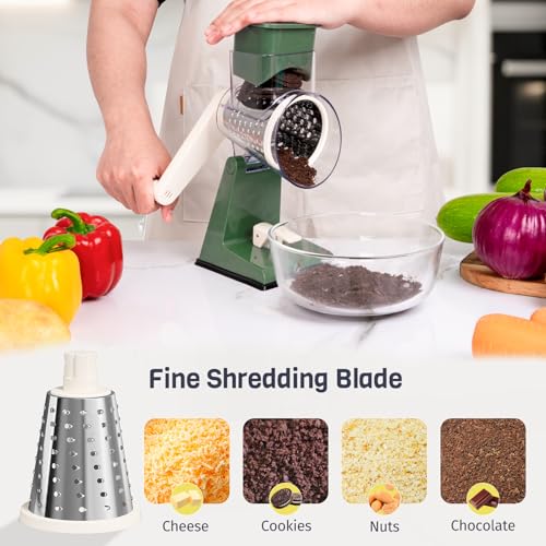 Upgraded Rotary Cheese Grater with 3 Interchangeable Stainless Steel Drums, One-Press Powerful Suction Manual Vegetable Shredder & Slicer for Kitchen, 15pcs Storage Bags Included, Olive Green - color: Olive Green