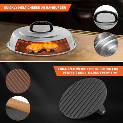 BBQ Accessories 12 Inch Round Stainless Steel Basting Cover - Cheese Melting Dome Round Cast Iron Grill Press Kit for Hamburger Bacon Steak, Best fits for Blackstone Camp Chef Flat Top Griddle Grill - color: Round Press