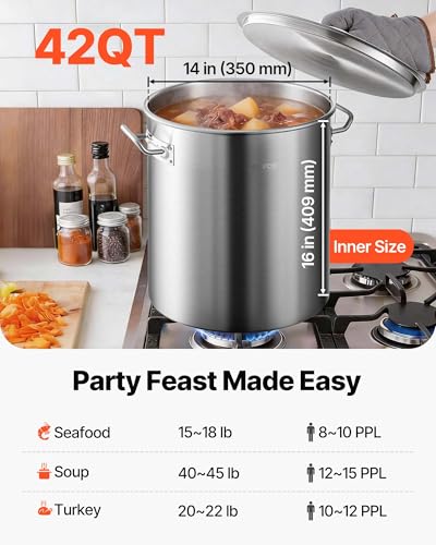 VEVOR Stainless Steel Stockpot, 42 Quart Large Cooking Pots, Cookware Sauce Pot with Strainer, Lid, and Handle, Heavy Duty Commercial Grade Stock Pot, Sanding Treatment, for Large Groups Events Silver - size: 42 Quarts