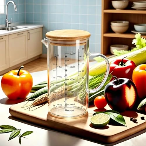 500ML Glass Measuring Cup with Bamboo Lid, High Borosilicate Glass Liquid Measuring Cups with Handle, Easy-Read OZ/Cup/ML Scales & V-Spout for Kitchen, Baking, Coffee, Restaurant