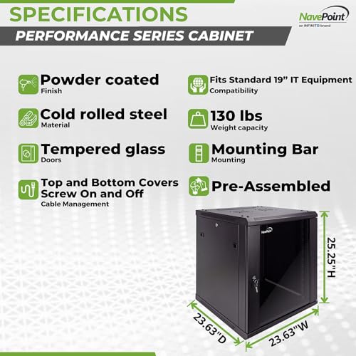 NavePoint 12U Server Cabinet Wall Mount Rack Enclosure Includes 2 Fans, Locking Glass Door, Removable Side Panels – 12U Network Cabinet 23.6” Deep, 19 Inch Server Rack for IT and A/V Equipment - size: 12U - 600mm Depth