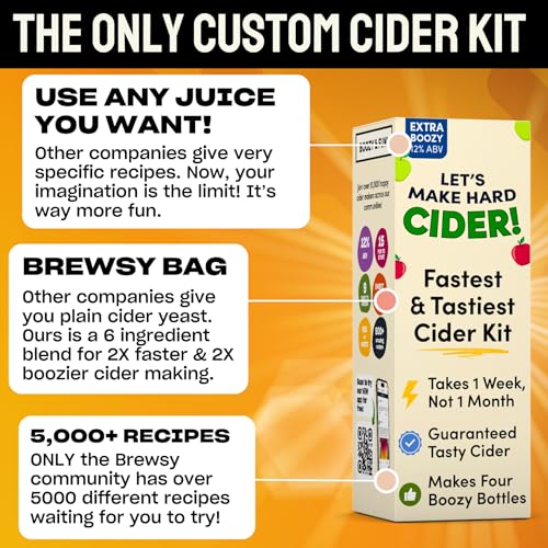 Brewsy Starter Kit for Cider Making - Custom Cider Kit - 4 Bottles in 9 Days - Use Any Juice to make Cider - color: Cider