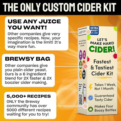 Brewsy Starter Kit for Cider Making - Custom Cider Kit - 4 Bottles in 9 Days - Use Any Juice to make Cider - color: Cider