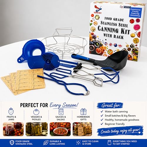 Supa Ant Blue Canning Supplies Starter Kit-10 pc Canner Accessories with Canning Rack for Jars, XL Ladle, Wide Mouth Jar Funnel, Jar Lifter & Wrench, Bubble Popper/Measurer, Lid Lifter, Kitchen Tongs - color: Blue