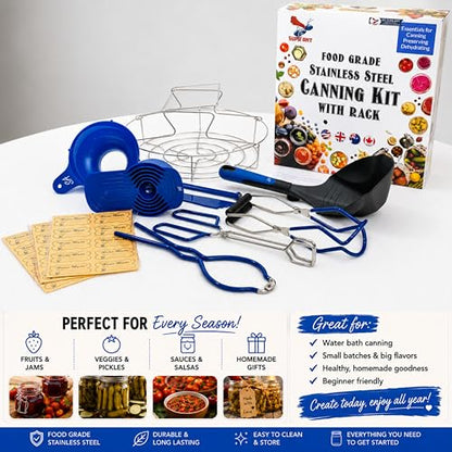 Supa Ant Blue Canning Supplies Starter Kit-10 pc Canner Accessories with Canning Rack for Jars, XL Ladle, Wide Mouth Jar Funnel, Jar Lifter & Wrench, Bubble Popper/Measurer, Lid Lifter, Kitchen Tongs - color: Blue