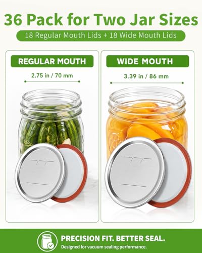 36 Pack Mason Jar Lids for Wide and Regular Mouth Jars, with Date Reminder Vacuum Seal Lids for Electric Mason Jar Vacuum Sealers - size: 18 Regular + 18 Wide Mouth Lids