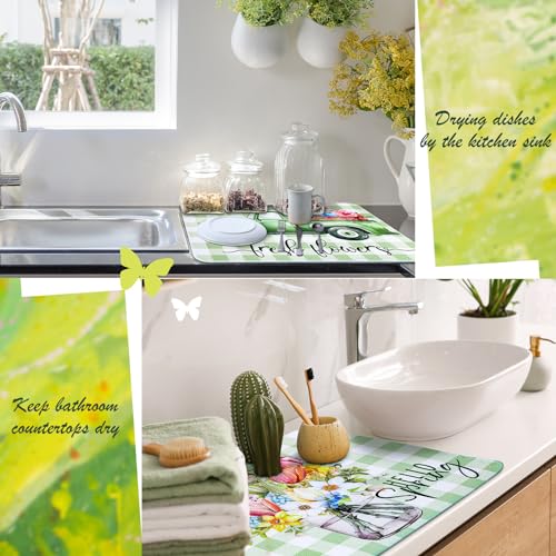SiliFine 2 Pcs Dish Drying Mat for Kitchen, Spring Floral Absorbent Microfiber Dish Mat Counter 18 x 24 Inch Truck Flower Leaves Draining Green Drying Reusable Washable Pad - style: Spring