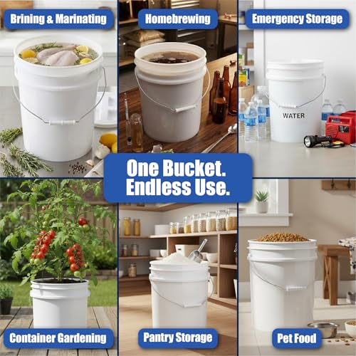 ePackageSupply 5 Gallon Bucket - Food Grade Bucket, Metal Handle Grip, BPA-Free, Heavy-Duty 90 Mil HDPE Plastic Pail, Stackable Utility Container, Made in USA, Lid Not Included, White, 6 Packs - color: White, size: 6 Packs