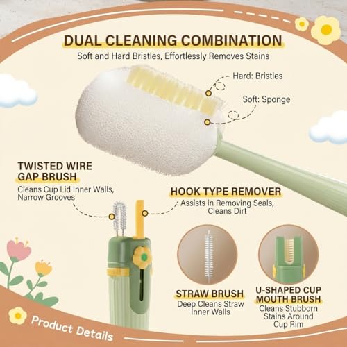 5 in 1 Bottle Lid Gap Cleaning Brush Set, Multifunctional Cup Cleaner for Baby Bottles, Drinking Cups & Straws, Modular & Detachable Design with Long Handle, Easy Rinsing (Green) - color: Green