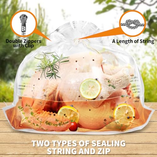 QPMR Turkey Brining Bags Set of 2 - Extra Large Holds up to 40lb，Thicker Brine Bags with Double Zip Lock & 2 Cotton Strings to Avoid Leaks for Thanksgiving Turkey, Chicken, Beef, Pork（26"×22"） - size: 2PCS--26*22INCH