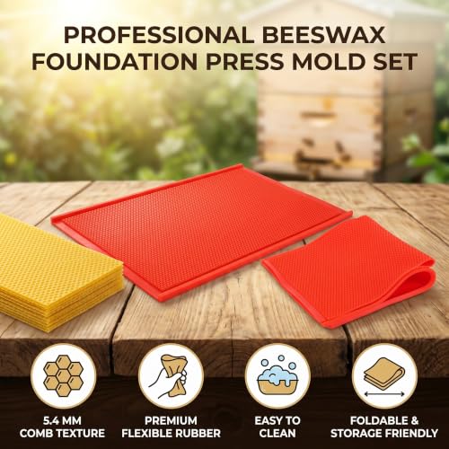 AUNMAS 2 Pack Beeswax Foundation Sheets, 17.3x9.1in Beekeeping Wax Press with Comb Texture, Reusable Rubber Base for Honeycomb Making (5.4mm Thick)