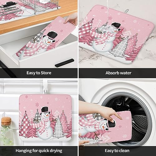 Pink Snowman Christmas Dish Drying Mat for Kitchen Counter, Microfiber Rack Pads, Winter Snowflake Pink Grey Xmas Tree Absorbent Dish Bottle Drying Mat, 16''x18'', 1 Pack - size: 1PCS-16x18in