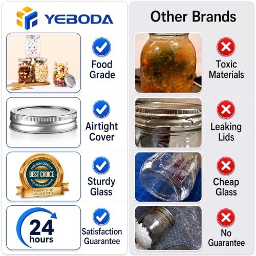 YEBODA 32 oz Mason Jars Canning Jars with Airtight Lids and Bands 6 Pack Ideal for Preserving, Meal Prep, Overnight Oats, Jam, Jelly, Jams, Spice, Sauces, Salads, Yogurt, Wedding Favors