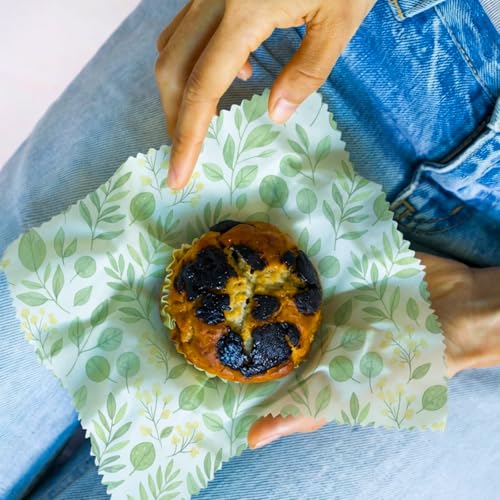 Beeswax Food Wraps, Pink Flowers and Green Leaves Wraps, 9 Pack Plastic-Free Food Storage, Sandwich, Bread, Fruit Covers, Organic, Sustainable, Zero Waste, Biodegradable, 1XL, 3M, 5S - color: Green Botanical2