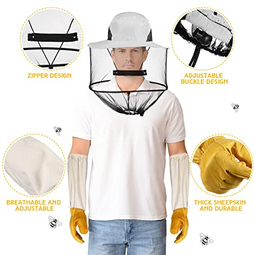 Xuhal Bee Keeping Hats and Gloves Includes Thick Goatskin Leather Bee Gloves with Ventilated Sleeves and Bee Keeper Fencing Veil Mosquito Hats Sun Hat with Hidden Net Mesh Mask