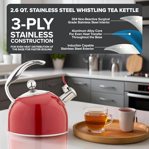 Viking 3-Ply Stainless Steel Tea Kettle, 2.6 Quart Stovetop Hot Water Pot with Tempered Glass Lid, Ergonomic Handle, Induction Ready, Red - color: Red