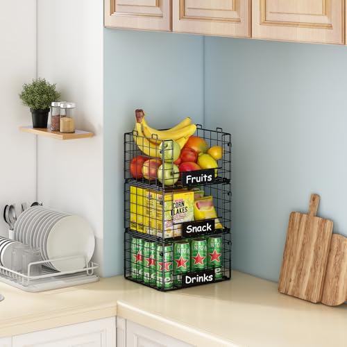 JKsmart 3 Pack XL Stackable Wire Baskets for Pantry Organizers and Storage, Fruit Basket for Kitchen Counter with Handle, Muti-Purpose for Snack Organizer & Vegetable Basket & Metal Pantry Bin - size: XL-12.2"x9.85"x21.5"