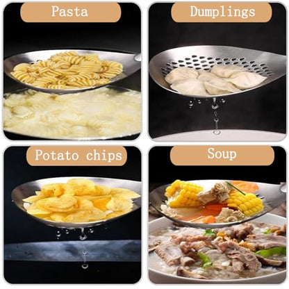 Stainless Steel Mesh Spider Strainer Wooden Handle On Pasta Noodle | 304 stainless steel fine mesh spoon,metal strainer,large draining design,multipurpose kitchen tool for fruit food straining - size: Large size