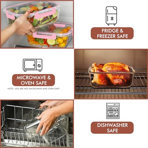 Razab 2 Pcs 1860ml / 63 Oz Large Glass Food Storage Containers with Lids - Glass Meal Prep Containers with Locking Lids for Roasting, Storing Leftover, Lunch Container, BPA Free, Microwave & Oven Safe - color: Pink