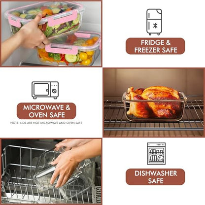 Razab 2 Pcs 1860ml / 63 Oz Large Glass Food Storage Containers with Lids - Glass Meal Prep Containers with Locking Lids for Roasting, Storing Leftover, Lunch Container, BPA Free, Microwave & Oven Safe - color: Pink