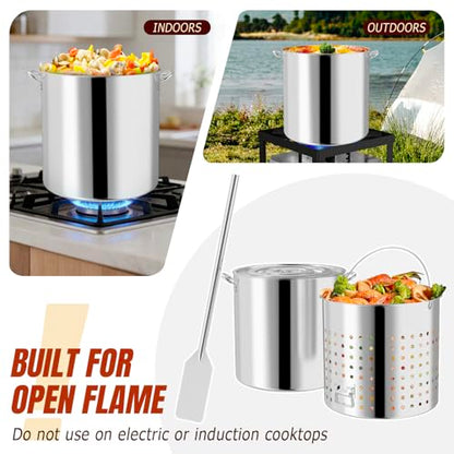 80QT Seafood Boil Pot with Detachable Paddle, Stainless Steel Stock Pot | Crawfish Boil Pot with 60QT Basket, Lid & Lifting Hook, Perfect for Outdoor Crab, Lobster & Shrimp Boils - style: 80QT+Mixing Paddle