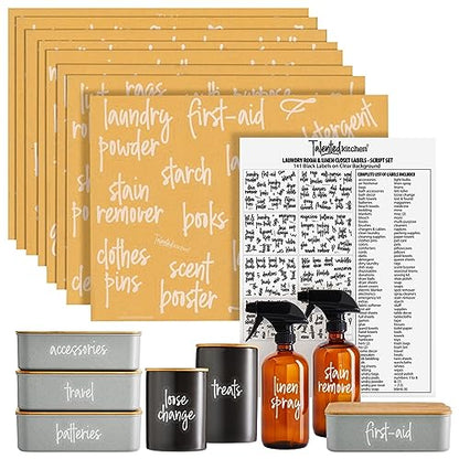 Talented Kitchen Laundry Room Organization Labels - 141 Preprinted White Script Clear Vinyl, Water-Resistant - Sticker Labels for Jars & Food Containers - Pantry, Bathroom & Linen Closet - color: White Text on Clear Label