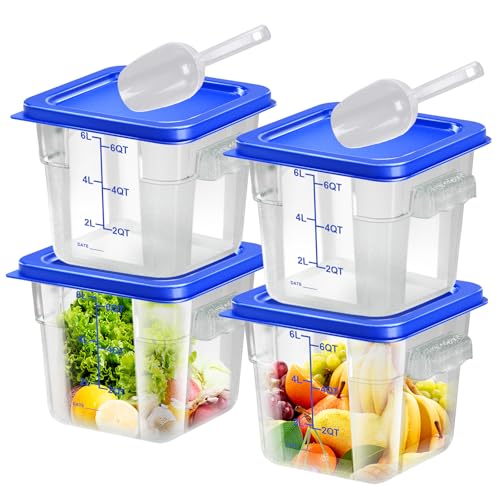4 pcs 6qt Food Storage Containers with Lid, Square Clear Commercial Food Storage Containers with Handle and Scale for Food Storage in Home Kitchen & Dining (Blue) - color: C3-6QT-4PCS-BLUE