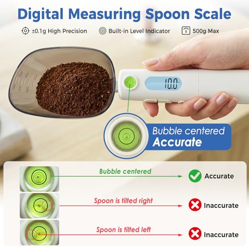 Digital Measuring Spoon Scale Rechargeable - 0.1g High Precision Gram Measuring Spoon with Level Bubble, g/oz/ml Multi-Unit Digital Spoon Scale for Baking Coffee Cooking Pet Food & Weight Control