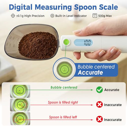 Digital Measuring Spoon Scale Rechargeable - 0.1g High Precision Gram Measuring Spoon with Level Bubble, g/oz/ml Multi-Unit Digital Spoon Scale for Baking Coffee Cooking Pet Food & Weight Control