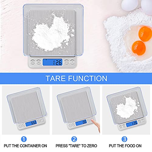 UNIWEIGH Digital Kitchen Scale,3kg/0.1g Pocket Food Scale Measure in Grams and oz for Loss Weight,Cooking Baking,Jewelry,High Precision Gram Scale with 6 Units,Small Coffee Scale with 2 Trays,LCD,Tare - size: 3KG