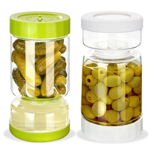 ZENS Pickle Jar with Strainer Flip, 37 oz Hourglass Pickle Juice Separator Container, Airtight Leakproof Lid, 2 Pack Pickling Jars for Olive, Jalapeno Container-Dual Wet-Dry Design - color: 02-White&Green, size: 37oz 2pcs