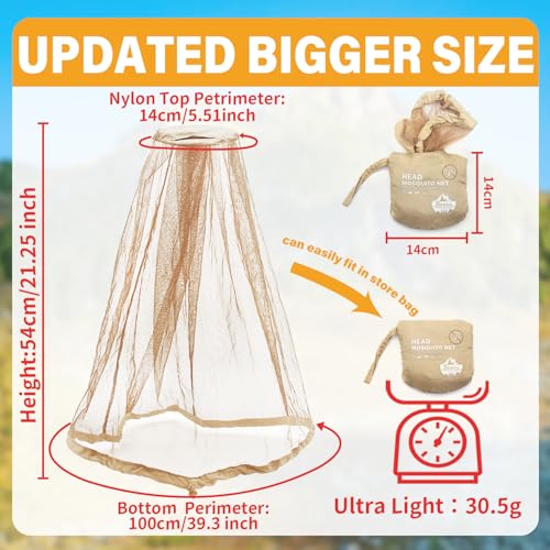 Benvo Mosquito Head Net Mesh One Piece Face Neck Fly Netting Cover from Bugs Gnats Noseeums Hat-Compatible Insect Shield for Fishing, Camping, Gardening (2pcs, Khaki, Upgraded Big Net) - color: Beige