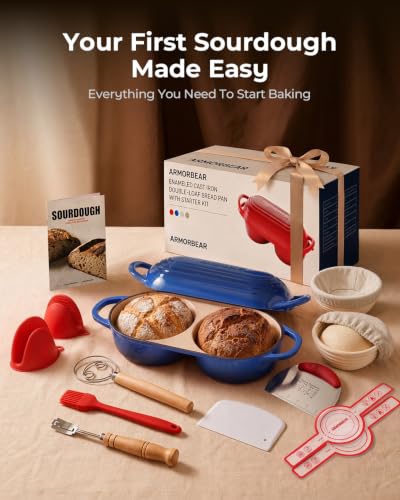 Sourdough Bread Baking Kit with Double Loaf Cast Iron Bread Pan, Blue | Bakes two mini loaves at once with banneton proofing baskets included - color: Blue, size: Double Bread Oven & Baking Kit