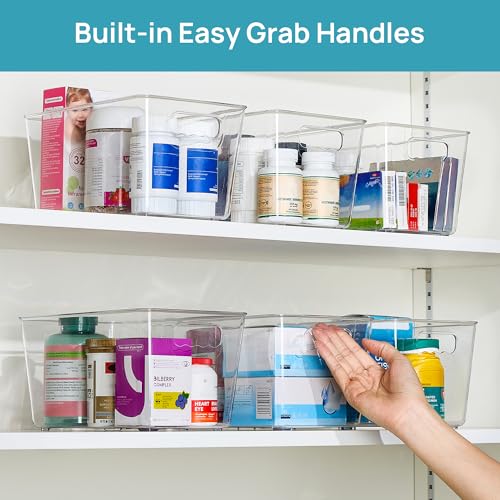 Vtopmart 6 Pack Clear Storage Bins, Pantry Cabinet Organizer Bins with Handle for Pantry Organizer and Storage, Plastic Bins for Fridge, Cabinet, Kitchen, Countertops, Cupboard, Freezer, Medium - size: M(10"×6"×5")