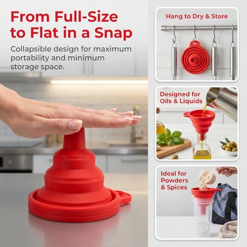 Kitchen Funnel 3 Pack - Food Grade Silicone Collapsible Funnel, Funnels for Kitchen Use Filling Bottles, Daily Cooking, and Water or Powder Transfer. Red - color: 3PCS-Red