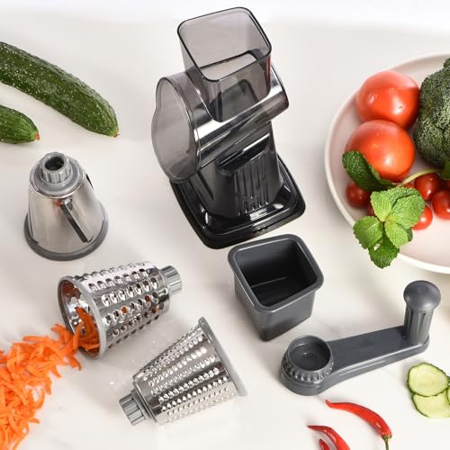 Rotary Cheese Grater with Handle Kitchen Shredder Slicer Grater Slicer Ice Shaver Cheese Vegetable Nuts Potato Zucchini Chocolate 3 Interchangeable Blades (Dark Grey TSP) - color: Dark Gray