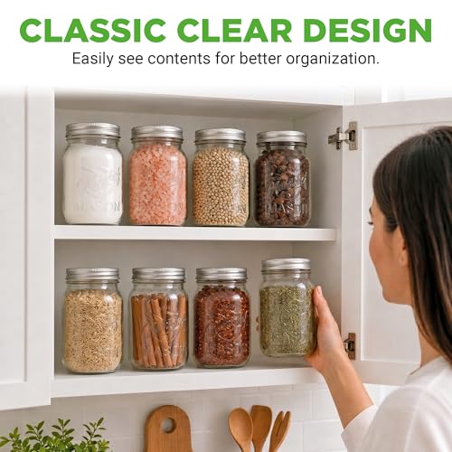 NutriChef 8-Pack 16 oz Mason Jars with Lids - Thick Glass Canning Jars with Stainless Steel Lids - Ideal for DIY Spices, Meal Prep, Overnight Oats, Jelly, Jam, Honey, Candles, Crafts, & More - style: 8 pack