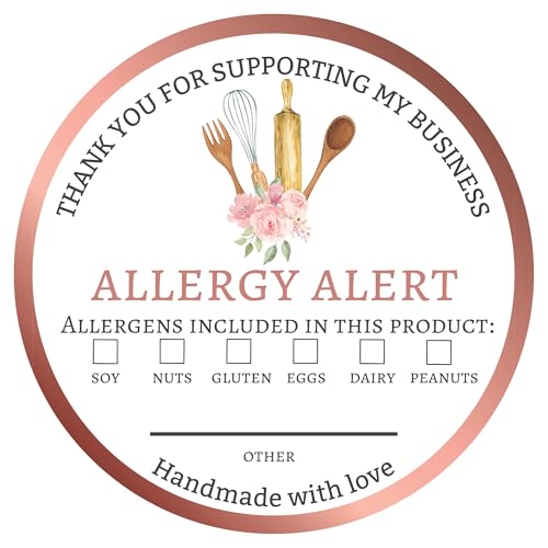 Mobiusea Creation Allergen Warning Stickers | 300 Round Food Allergy Stickers | 2" Waterproof & Writable Ingredient Label Adhesives with Selectable Allergen List for Bakery, Restaurant, Catering Use