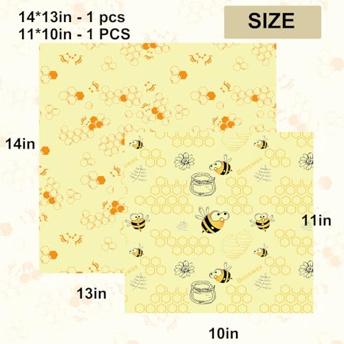 2 PCS Reusable Beeswax Wraps 14 x 13 Inch & 11 x 10 Inch Beeswax Sandwich Wraps for Food Eco-Friendly Sustainable Food Storage Wraps