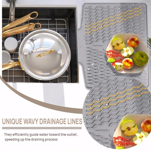 Silicone Dish Drying Mat for kitchen Countertop, Heat Resistant Mats, Dish Drainers for Kitchen counter, Hot Pot Holders, Dish Drying Rack with Built in Drain,(Gray, 15.6"x13") - color: Gray