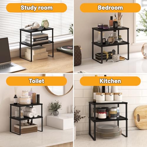Kitchen Cabinet Organizer Shelf Set of 4, Sturdy Kitchen Counter Shelves with Metal Legs, Stackable Expandable Wood Spice Rack Pantry Cupboard Dish Mug Cup Storage Organizer Shelf, Black - color: Black