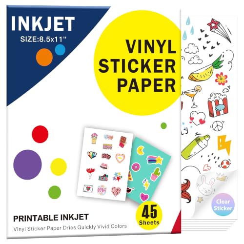 Aevdor 45 Sheets Printable Clear Sticker Paper for Inkjet Printer, Premium Vinyl Transparent Sticker Paper Waterproof, Dries Quickly, Vivid Colors, 8.5x11" Labels Great for Cutting Machines - size: 45 Sheets