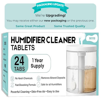 Skyis Humidifier Cleaning Tablets & Descaler 24 Pack, Removes Hard Water Scale, Mineral Deposits, White Dust, Demineralization Cleaner for Levoit, Vicks, Dyson, Dreo Humidifiers
