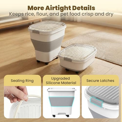 HOYTAMDAR 20-50Lbs Rice Container,Collapsible Food Storage Containers with Airtight Clear Lid,Wheels,Rice Storage Container with Small Bin and Scoop,Rice Dispenser for Flour Sugar Cereal Grain Dog Cat - color: Grey/20-50lbs