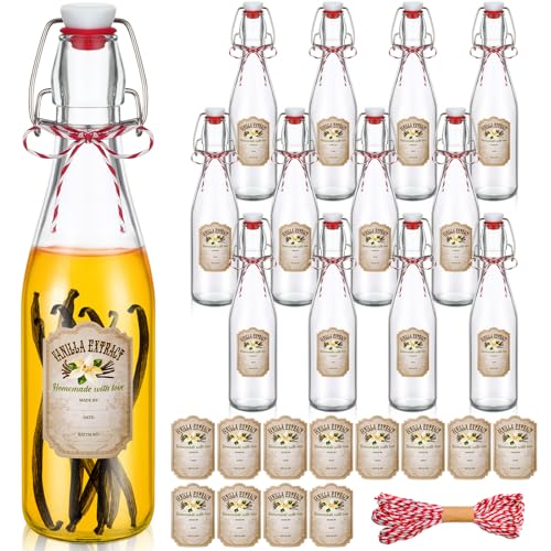 Uiifan 12 Pcs Swing Top Glass Bottles for Vanilla Extract Homemade Clear Flip Top Beer Bottles with Tags, Caps and Cotton Twines for Beer Kombucha Soda Tea Supply Christmas Homemade Gifts(12 oz) - size: 12 Ounces