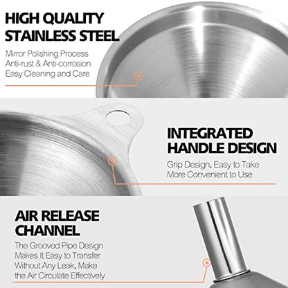Anaeat Stainless Steel Mini Kitchen Funnel Set, 3 Pack Durable Metal Filling Funnels for Transferring Liquid, Dry ingredients, Cosmetic Lotion, Fluid, Spices, Powder - Food-Grade & High Heat Resistant